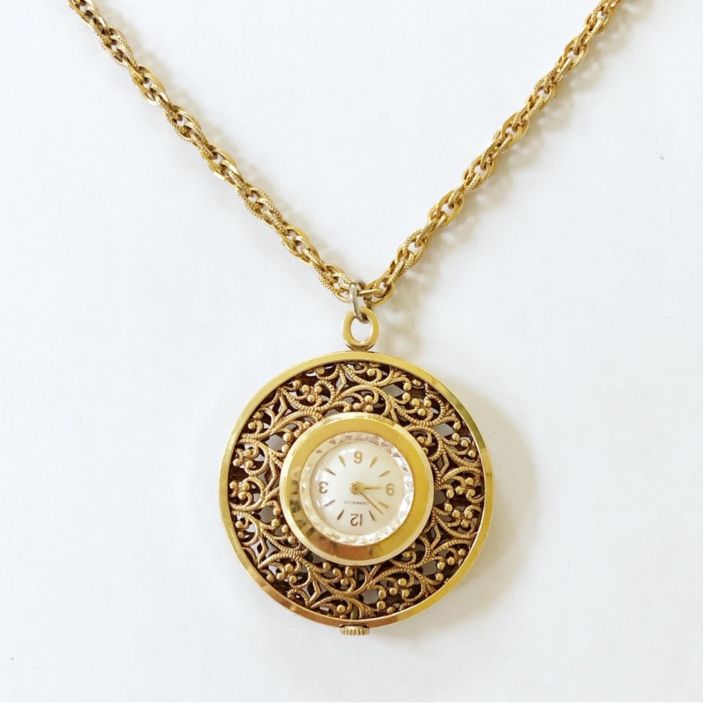Gold Filigree Round Pendant Watch Necklace - Women's Gold Watch Necklace